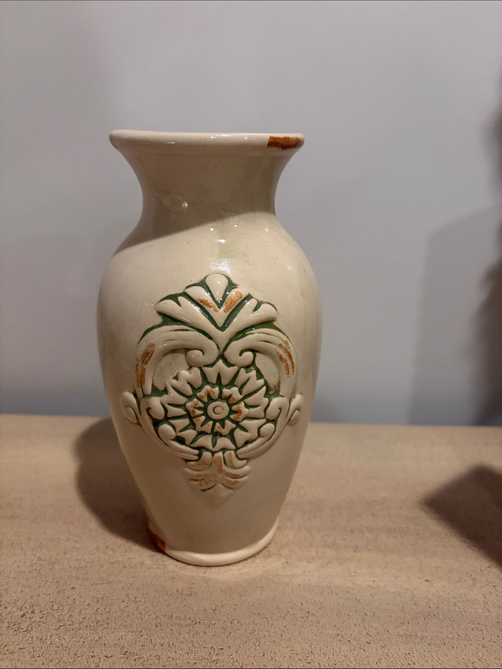 Cream Decorative Ceramic Vase with Green Accents